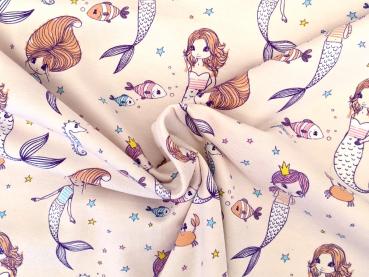 Preview: Resttück Baumwolljersey Meerestiere mit Meerjungfrau Hellrosa 50 x 150 cm